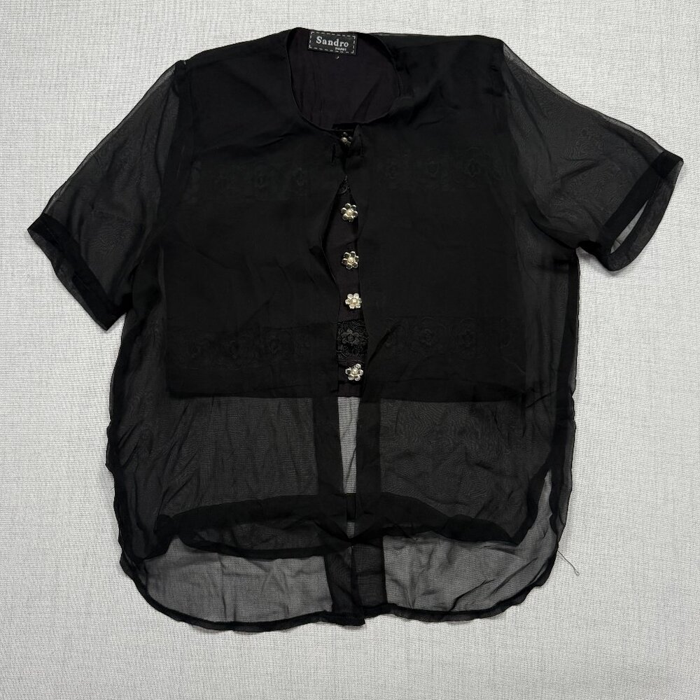 Vintage Sandro Paris Sheer Floral Embroidered Top Black Short Sleeves